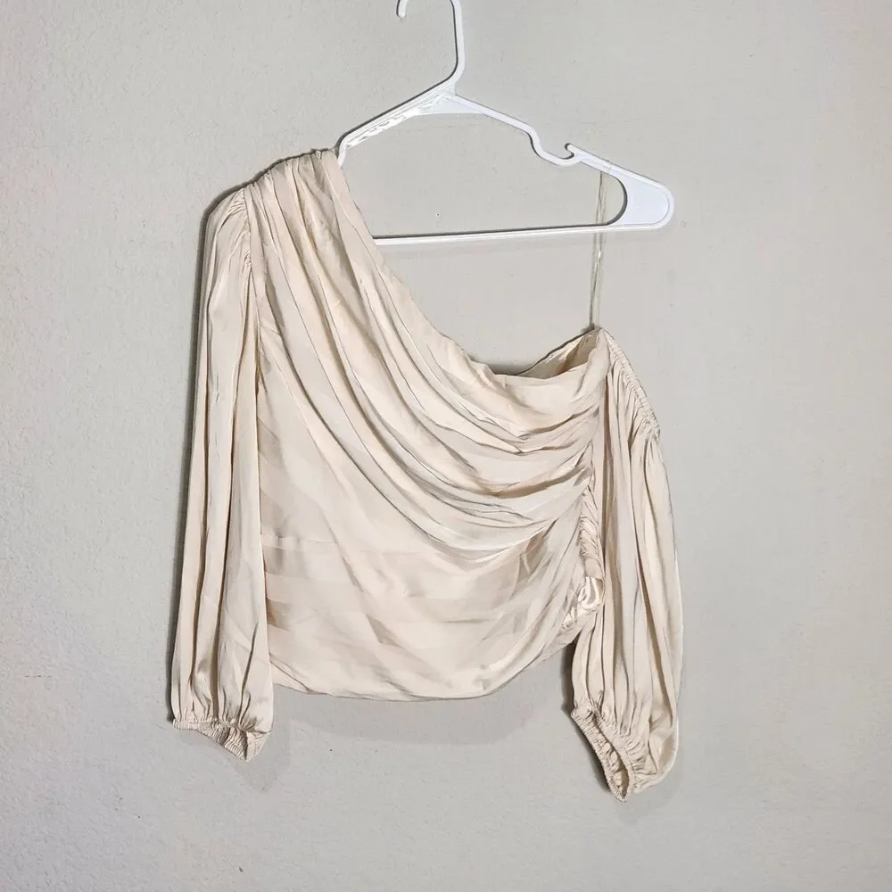 DO+BE One Shoulder Satin Blouse Women's M Ivory Ruched Puff Sleeve Party Top
